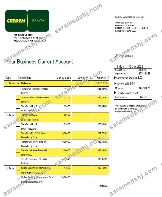 Credito Emiliano firm account statement Word and PDF template